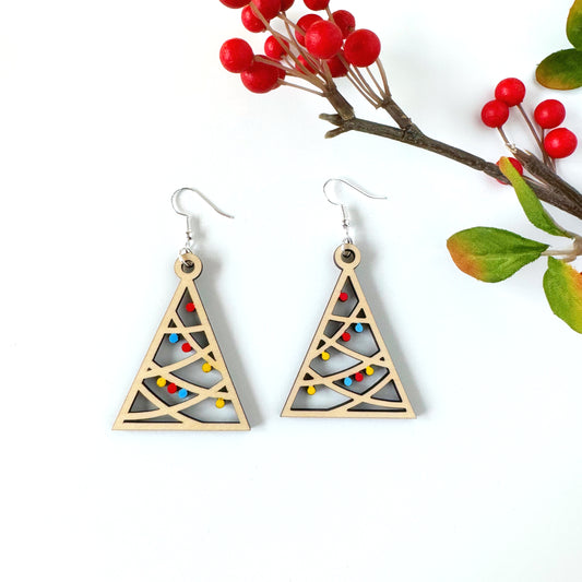Laser engraved Minimalist Christmas tree earrings with festive lights, holiday earrings