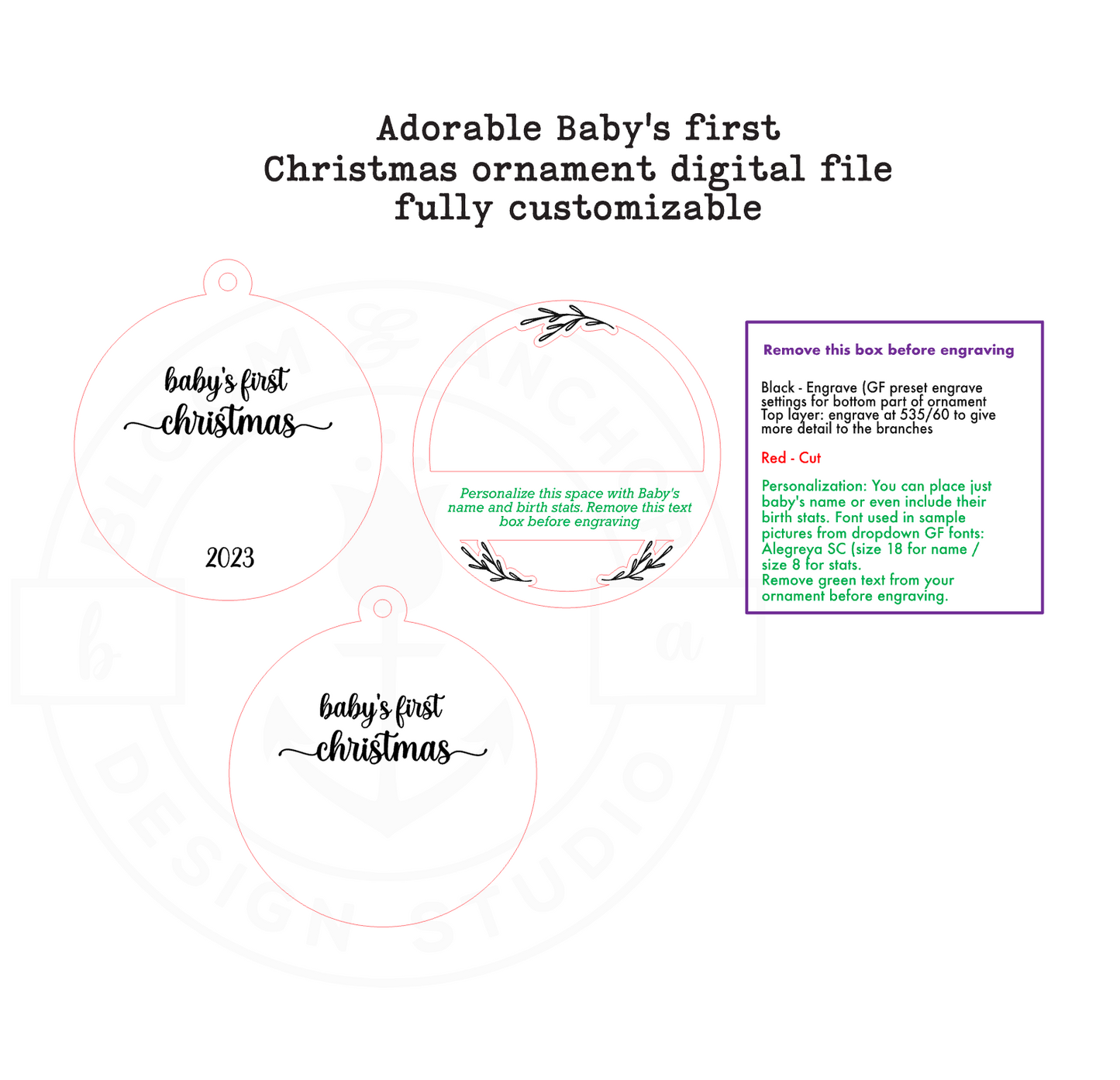 Laser cut file adorable Baby's first Christmas ornament, Custom, Instant download, Glowforge ready