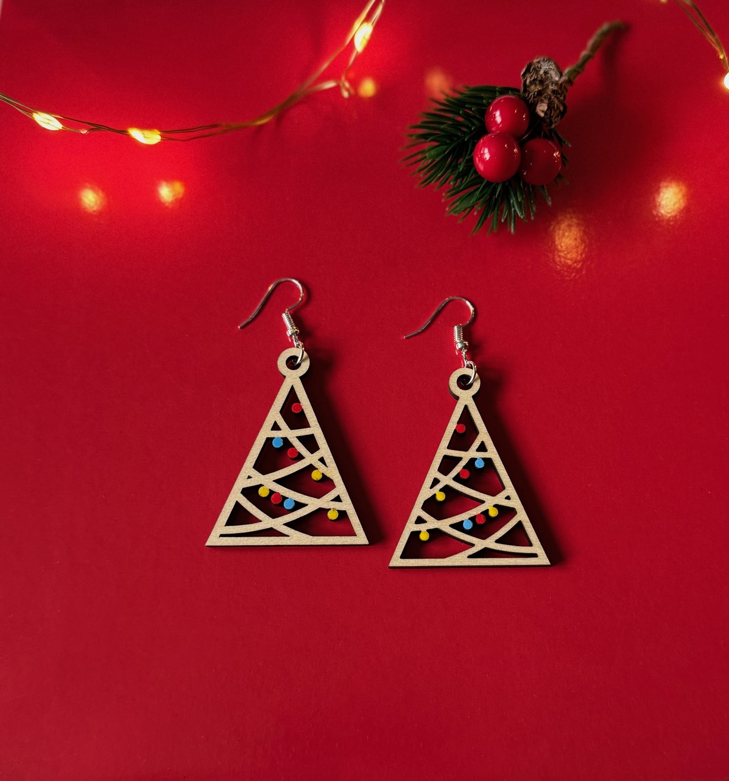 Laser engraved Minimalist Christmas tree earrings with festive lights, holiday earrings