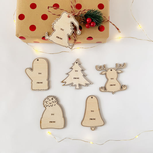 Rudolph and friends Christmas gift tags, laser cut gift tags, laser engraved wood gift tags