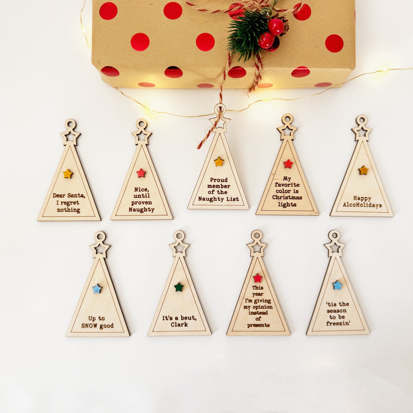 Minimalist Christmas tree shaped funny gift tags, laser cut gift tags, laser engraved wood gift tags