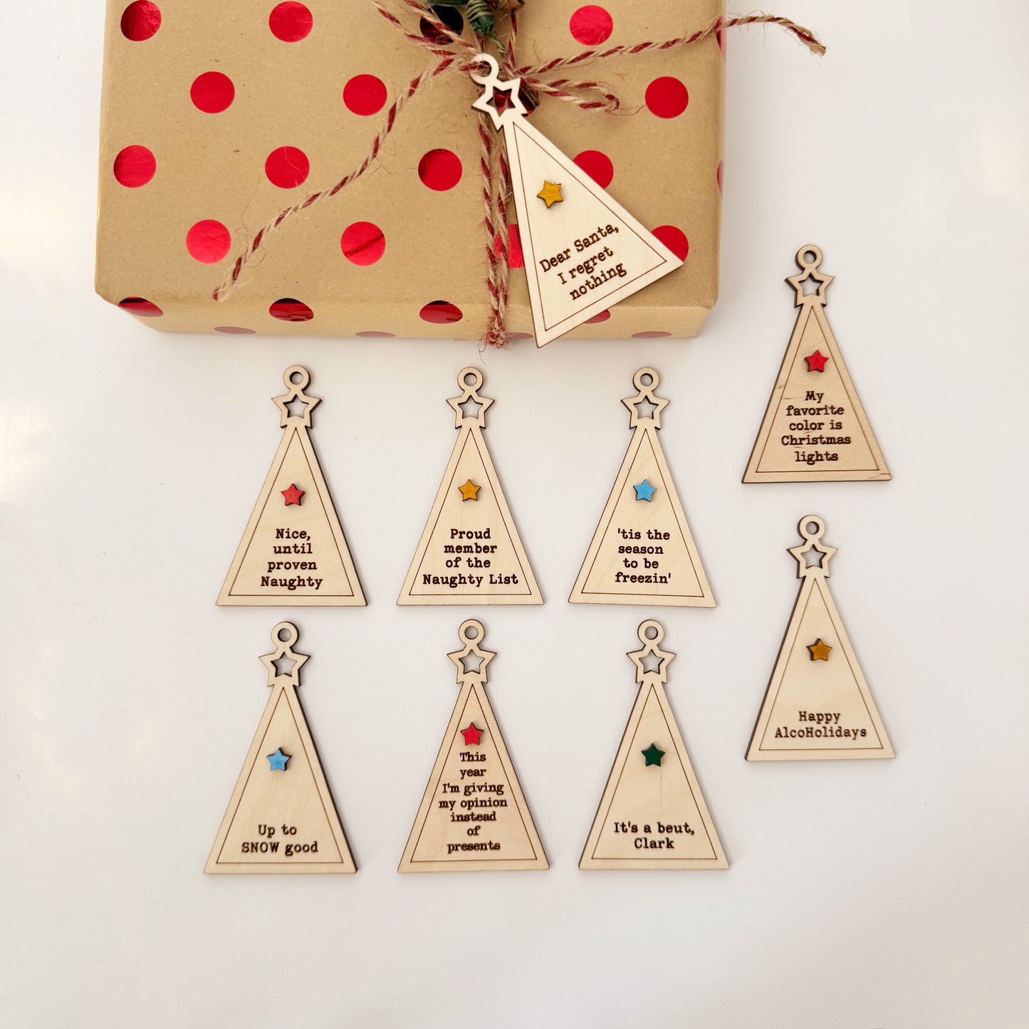 Minimalist Christmas tree shaped funny gift tags, laser cut gift tags, laser engraved wood gift tags