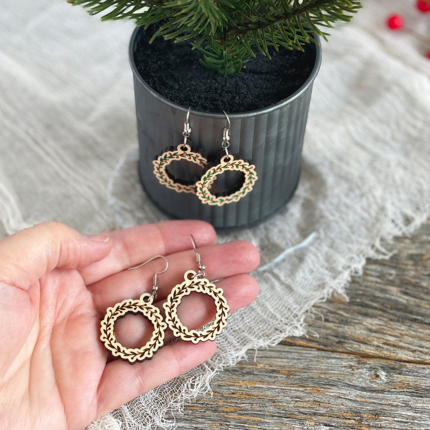 Laser engraved Christmas wreath earrings, holiday earrings