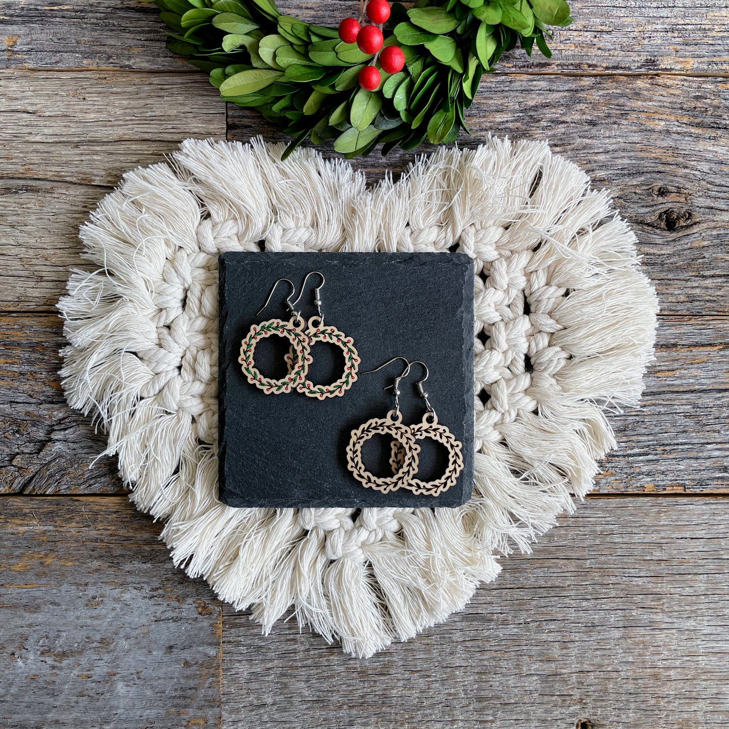 Laser engraved Christmas wreath earrings, holiday earrings