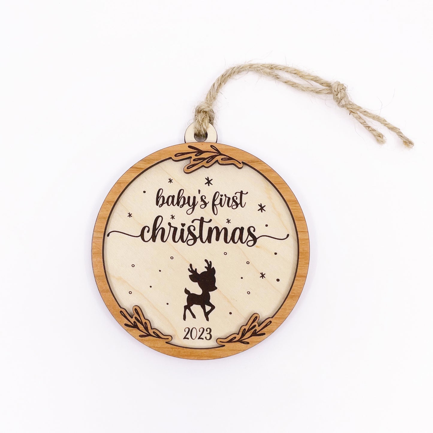 Laser cut file Baby's first Christmas ornament with reindeer, Instant download, Glowforge ready