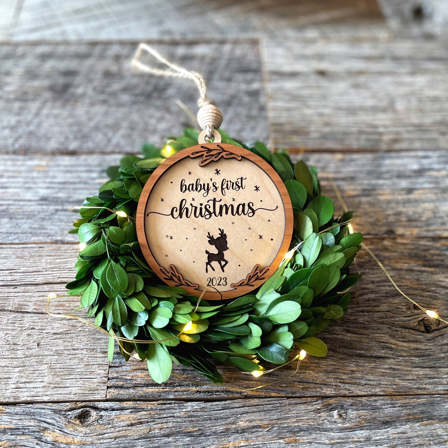 Laser cut file Baby's first Christmas ornament with reindeer, Instant download, Glowforge ready