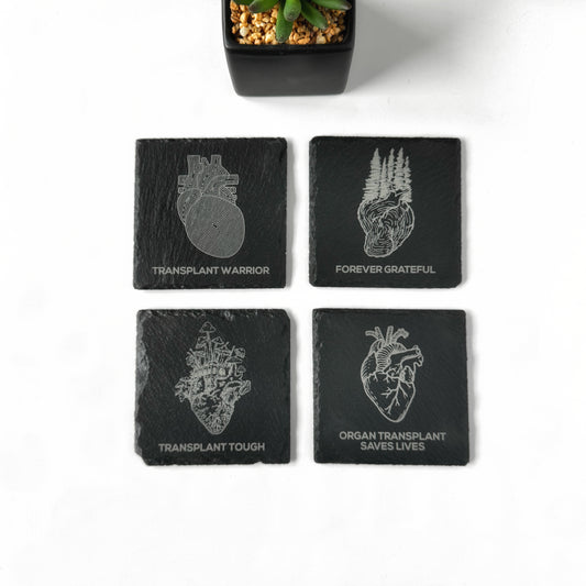 Anatomical heart laser engraved slate coaster sets, transplant awareness and support, gift for heart transplant warriors and donor families