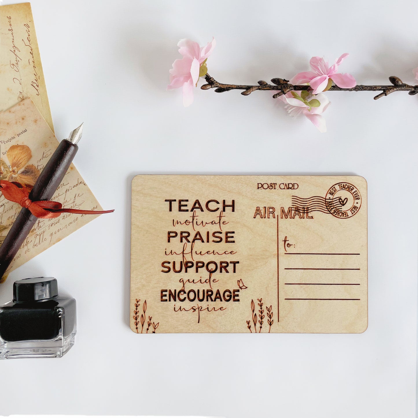 Teach Love Inspire Teacher appreciation wood postcard with stand, personalized teacher gift, back to school