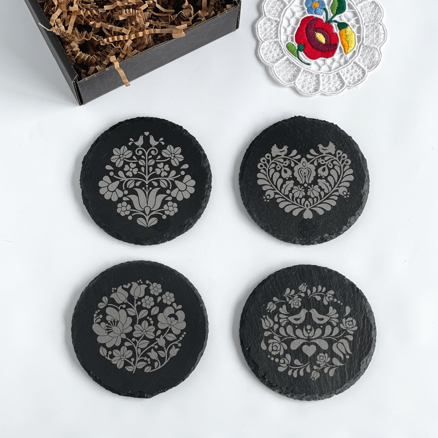 Laser engraved round slate coaster set with beautiful Hungarian folk motifs