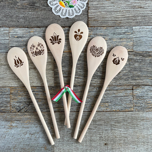 Laser engraved long-handle kitchen wooden spoon lovely Hungarian folk motif