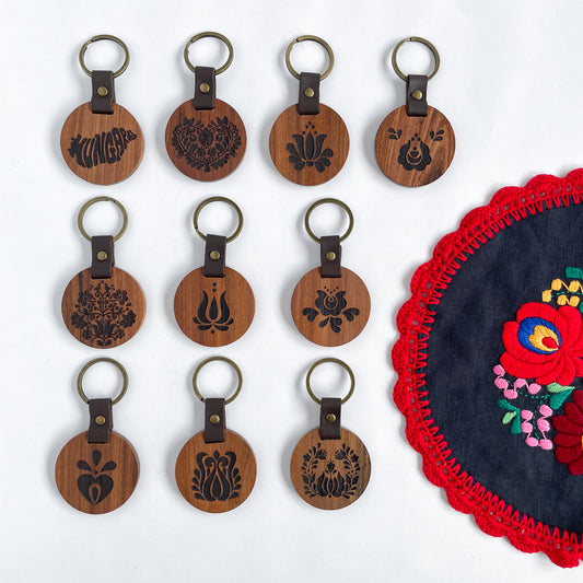 Hungarian wooden laser engraved key fob with folk motif, new driver keychain