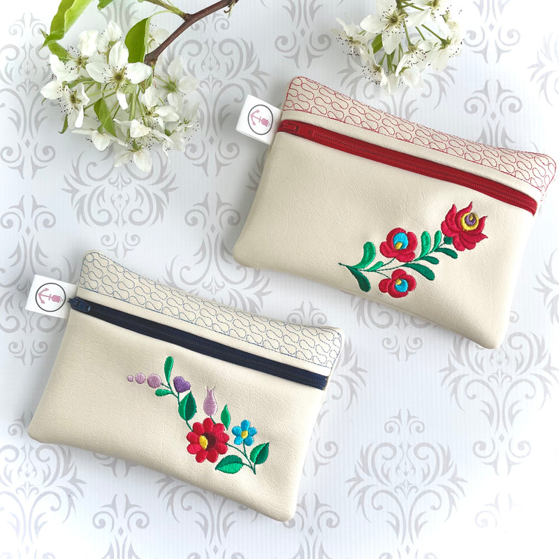 Traditional Hungarian Kalocsa Matyo embroidered white zipper bag, versatile zipper pouch