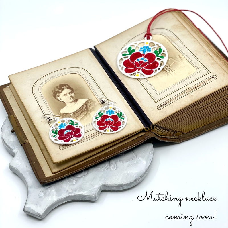Stunning, embroidered Kalocsa Matyo style Hungarian lace earrings WHITE