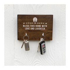 Bless this house key holder for wall, wooden key rack with 2 hooks, our first home, gift for new home owners, housewarming - Bloom And Anchor