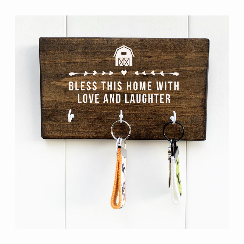 Bless this home with love and laughter wooden wall sign 3 hooks, anniversary, wedding, birthday, teacher gift, housewarming gift - Bloom And Anchor