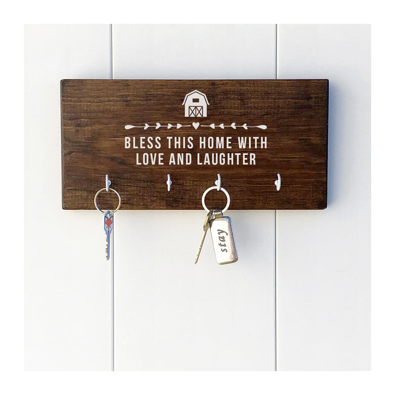 Bless this home key holder for wall, wooden key holder with 4 hooks, key holder, rustic key rack, farmhouse style - Bloom And Anchor