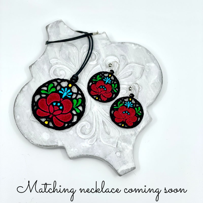 Stunning, embroidered Kalocsa Matyo style Hungarian lace earrings BLACK