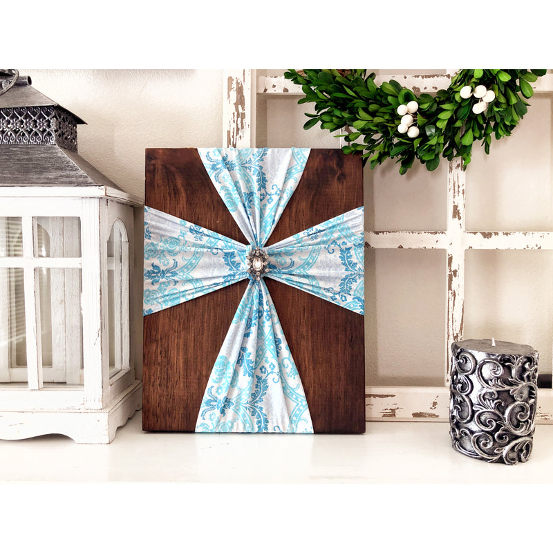 Beautiful blue fabric cross on wood, modern farmhouse sign, rustic wedding gift, gift for couple, anniversary gift, housewarming