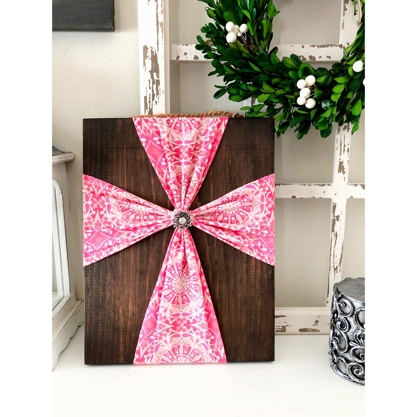 Beautiful pink fabric cross on wood, modern farmhouse sign, rustic wedding gift, gift for couple, anniversary gift, housewarming