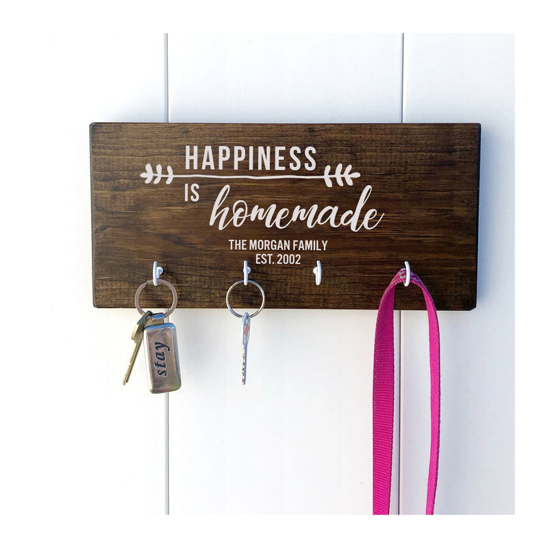 Happiness is homemade wooden wall sign with 4 hooks, anniversary, wedding, birthday, teacher gift, housewarming gift - Bloom And Anchor