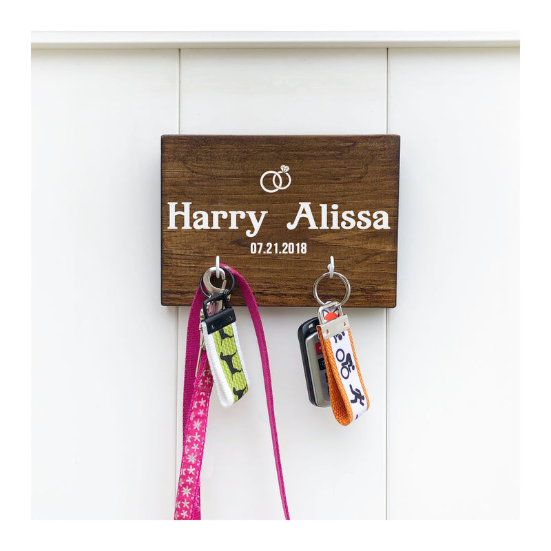 Personalized key holder for wall, realtor gift, wooden key holder with 2 hooks, key holder for couples with wedding rings, wedding, anniversary, rustic key rack, farmhouse style - Bloom And Anchor