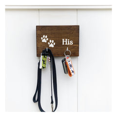 Personalized His Hers and Pets key / leash holder for wall with 2 hooks, wooden key rack with paw prints, gift for dog parents, pet owners, pet lovers gift - Bloom And Anchor