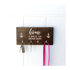 Home is where the anchor drops nautical key holder for wall with 4 hooks, wooden key holder, nautical wooden key rack - Bloom And Anchor