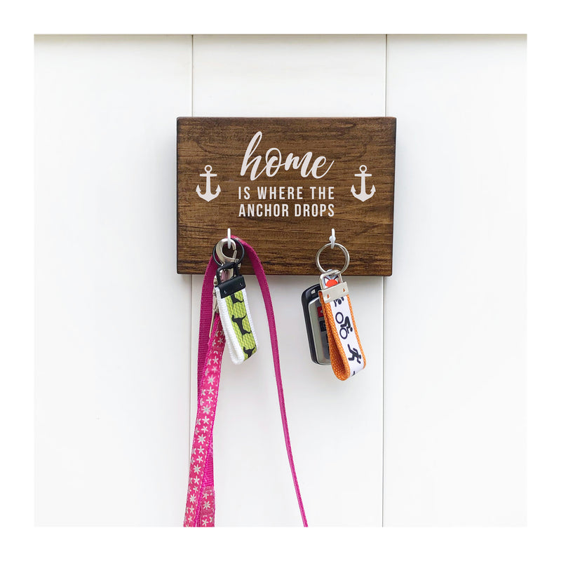 Home is where the anchor drops nautical key holder for wall with 2 hooks, wooden key holder, nautical wooden key rack - Bloom And Anchor