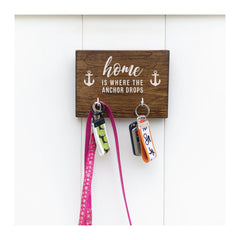 Home is where the anchor drops nautical key holder for wall with 2 hooks, wooden key holder, nautical wooden key rack - Bloom And Anchor
