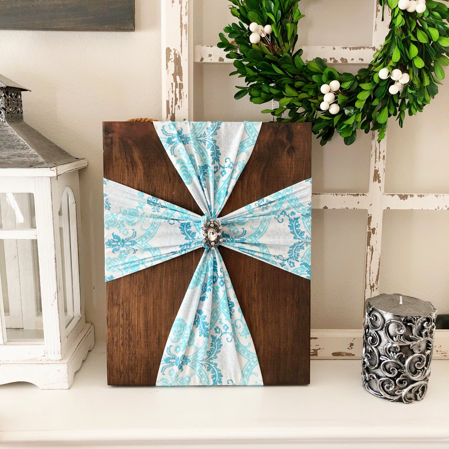Beautiful blue fabric cross on wood, modern farmhouse sign, rustic wedding gift, gift for couple, anniversary gift, housewarming