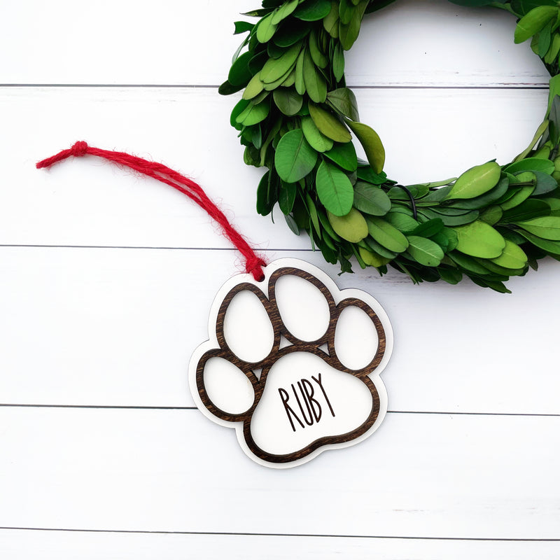 Farmhouse style custom engraved Pet ornament, paw print pet ornament, pet parents