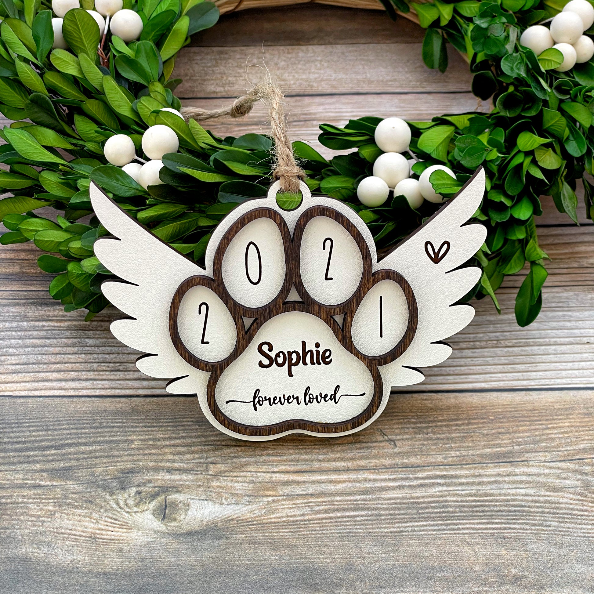 Farmhouse style Pet loss engraved custom ornament, angel wings pet memorial