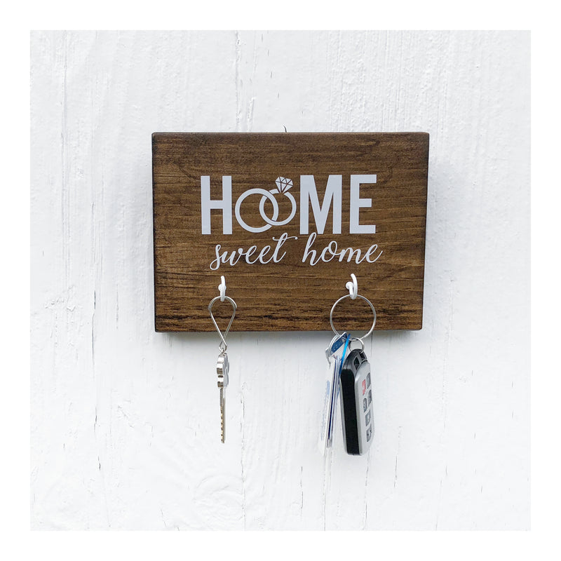 Home with image of wedding rings key holder for wall, wooden key holder with 2 hooks, key holder for couples, wedding, anniversary, rustic key rack, farmhouse style - Bloom And Anchor