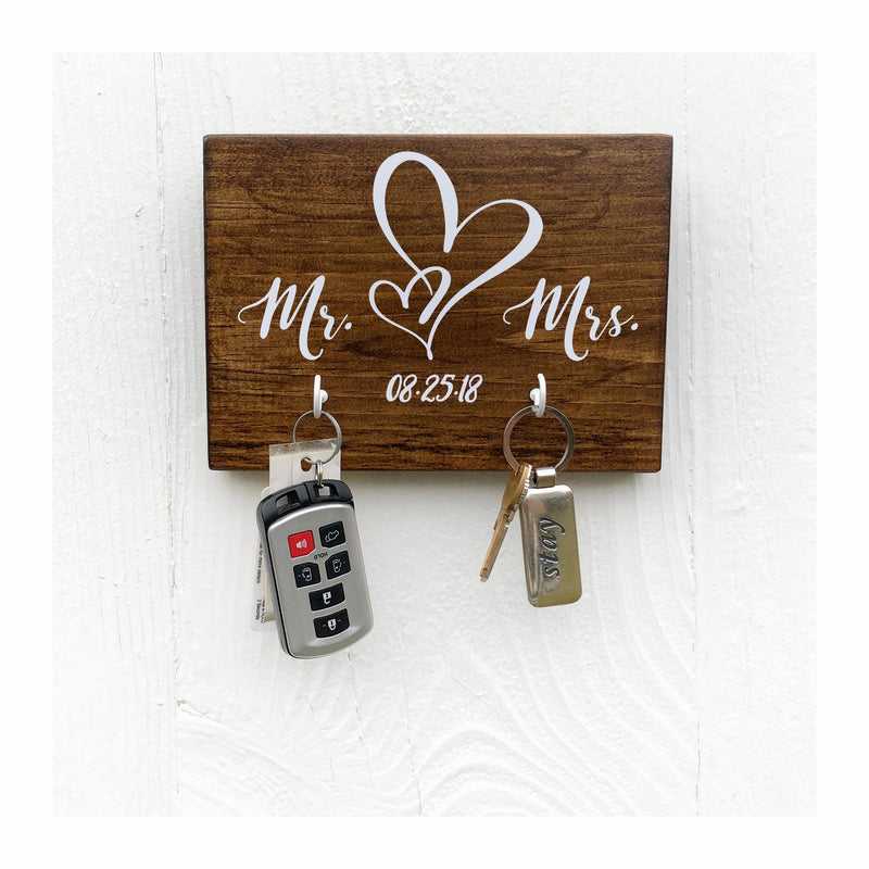 Mr and Mrs key holder for wall, wooden key holder with 2 hooks, key holder for couples, wedding, anniversary, rustic key rack, farmhouse style - Bloom And Anchor