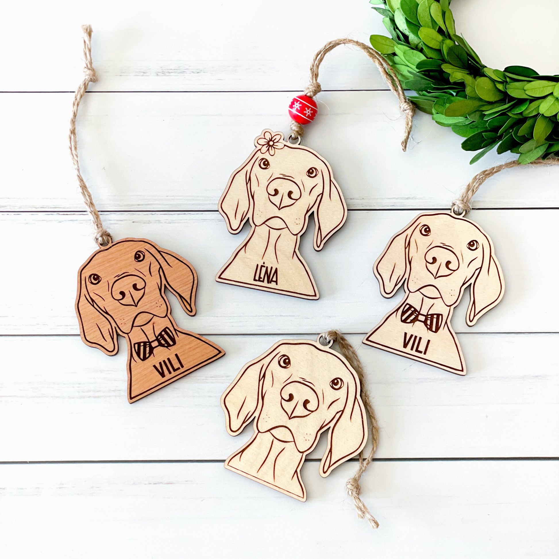 Vizsla ornament for pet parents, engraved personalized baltic birch or cherry ply wood ornament