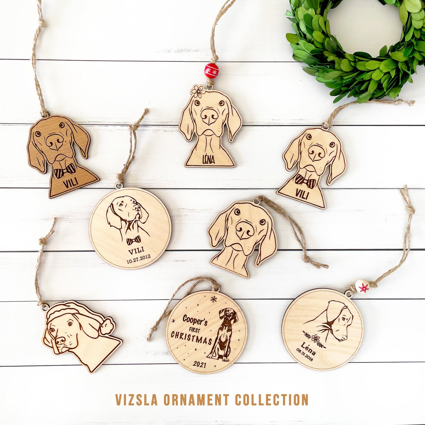 Engraved personalized Vizsla ornaments, many with DIY options