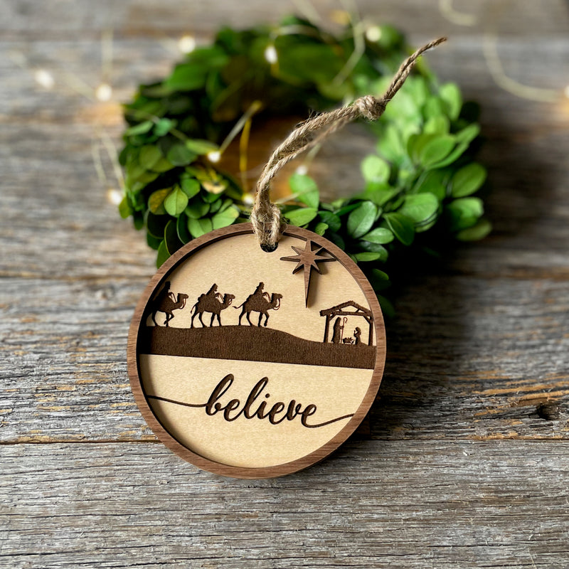 Engraved wood ornament, Nativity scene Christmas ornament