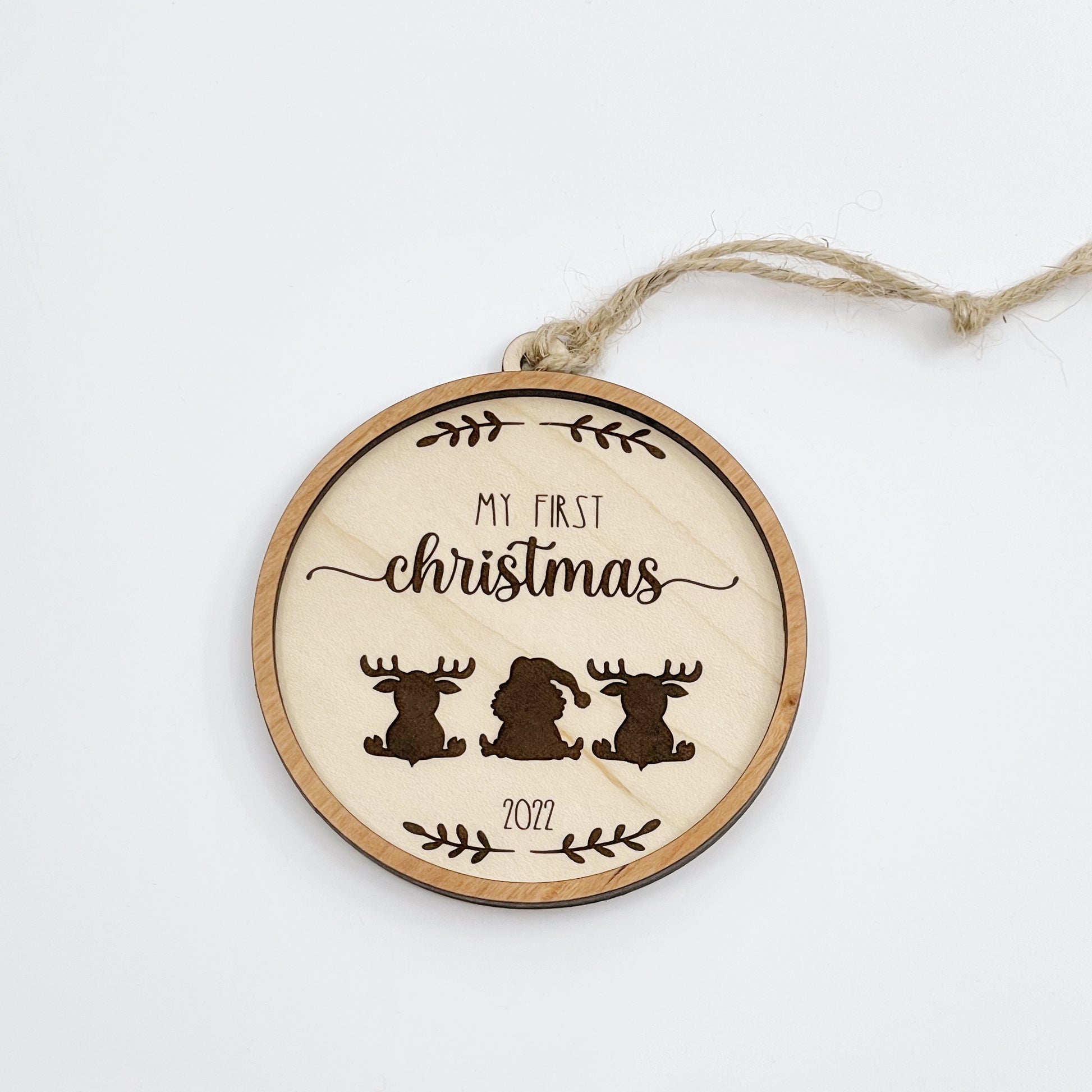 Laser cut file Baby's first Christmas ornament with Santa and reindeer, Instant download, Glowforge ready