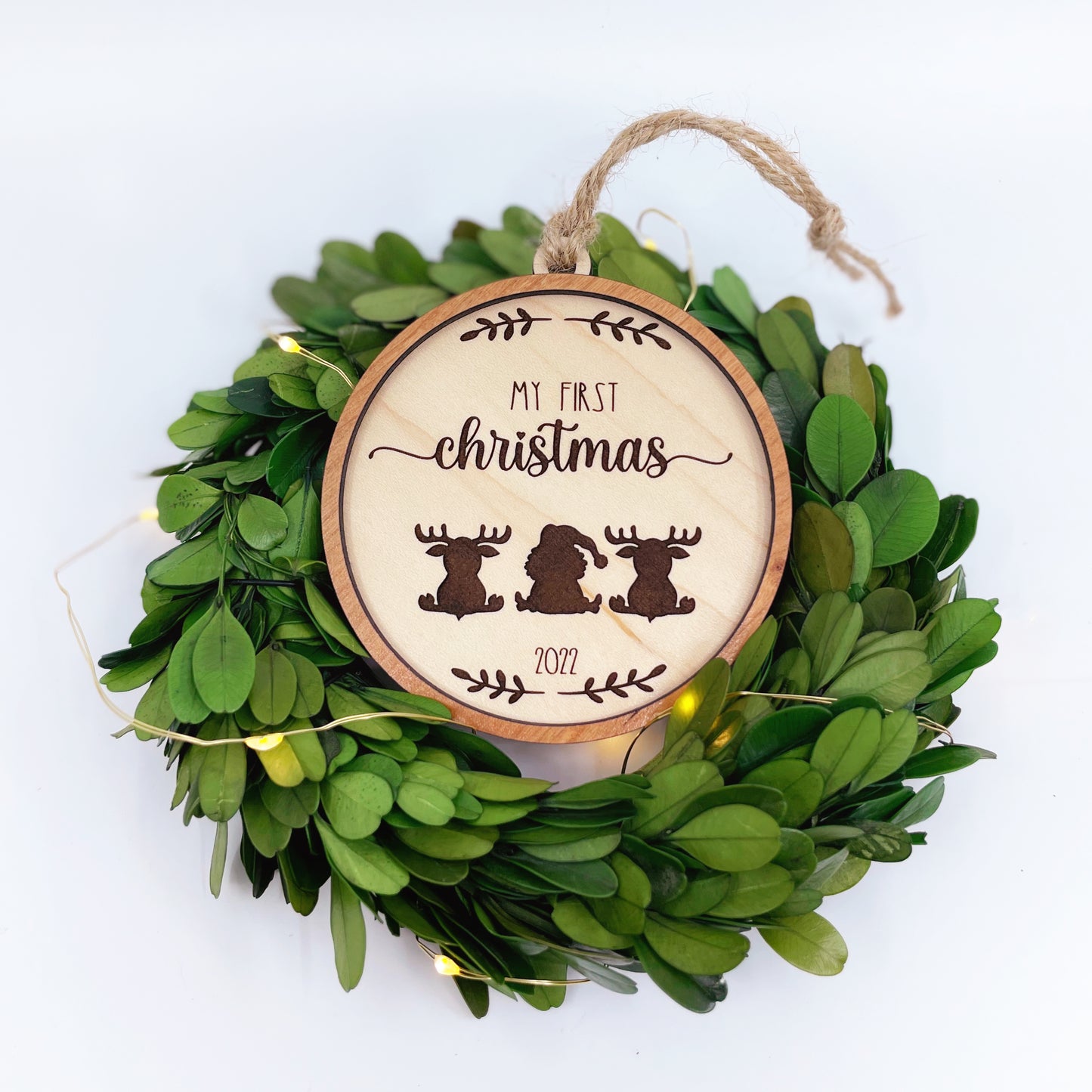 Baby's First Christmas featuring Santa and reindeer wood ornament, laser cut, Christmas ornament
