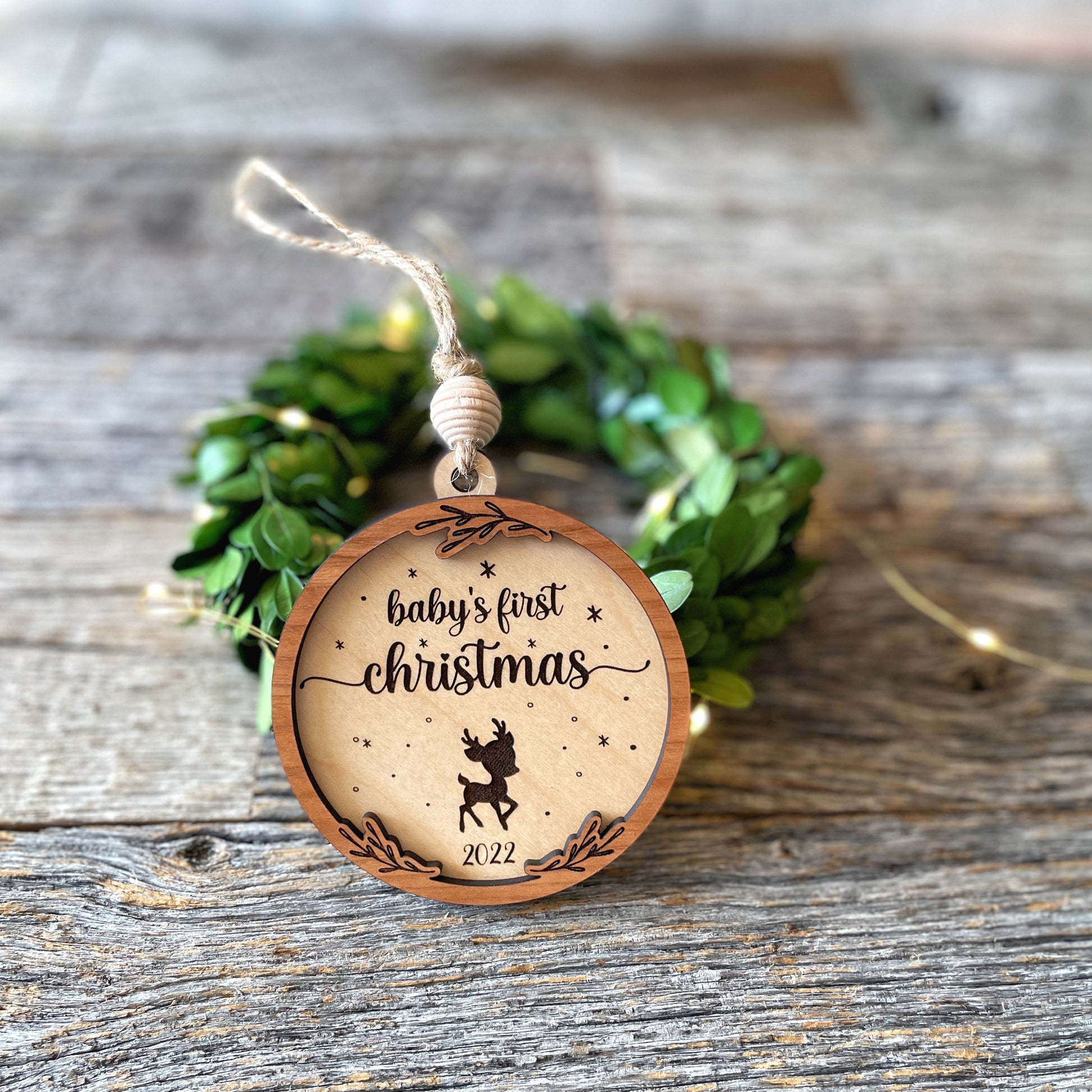 Baby's First Christmas with reindeer wood ornament, laser cut, personalized, Christmas ornament