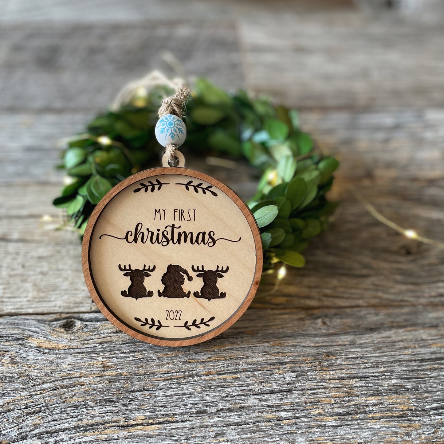 Baby's First Christmas featuring Santa and reindeer wood ornament, laser cut, Christmas ornament