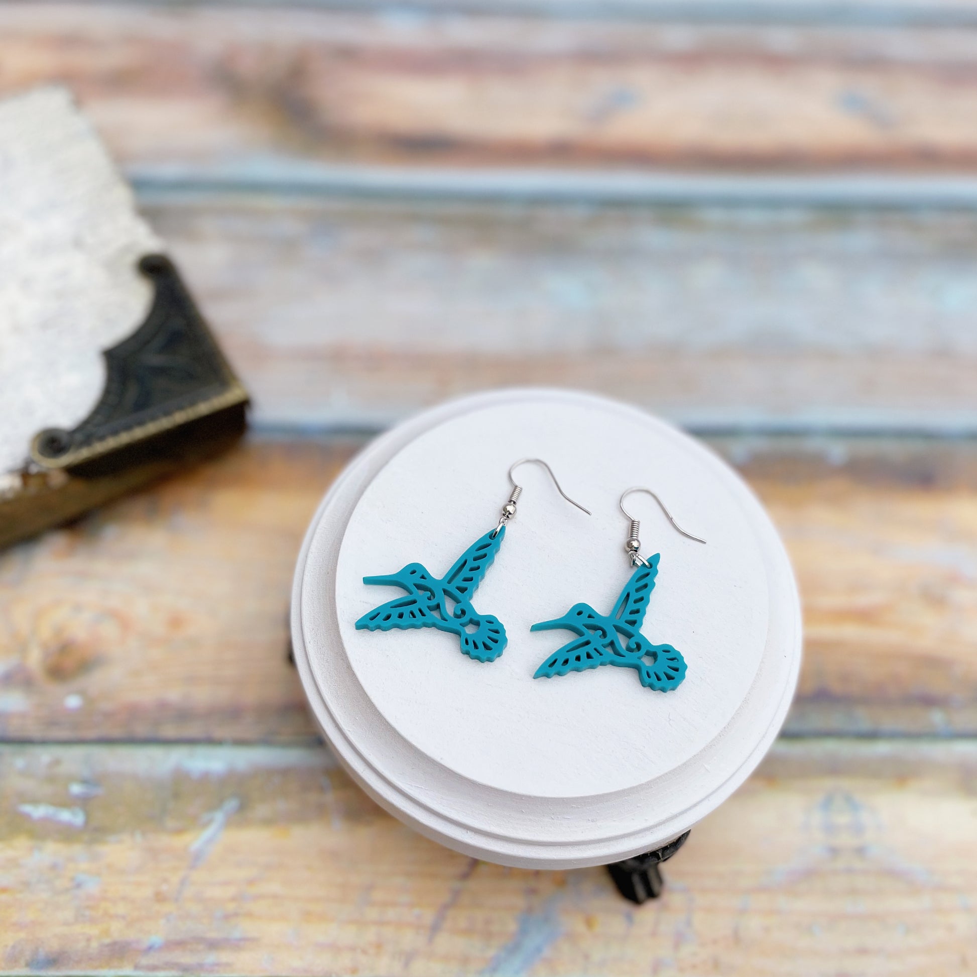 Laser cut turquoise acrylic Hummingbird earrings