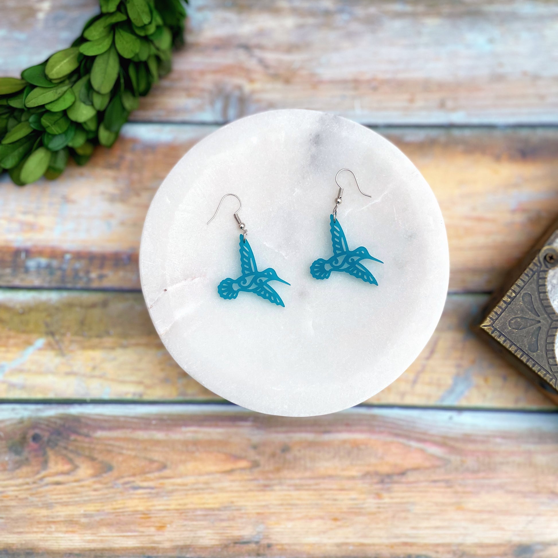 Laser cut frosted teal acrylic Hummingbird earrings