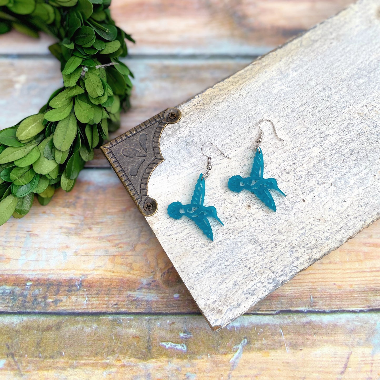 Laser cut frosted teal acrylic Hummingbird earrings
