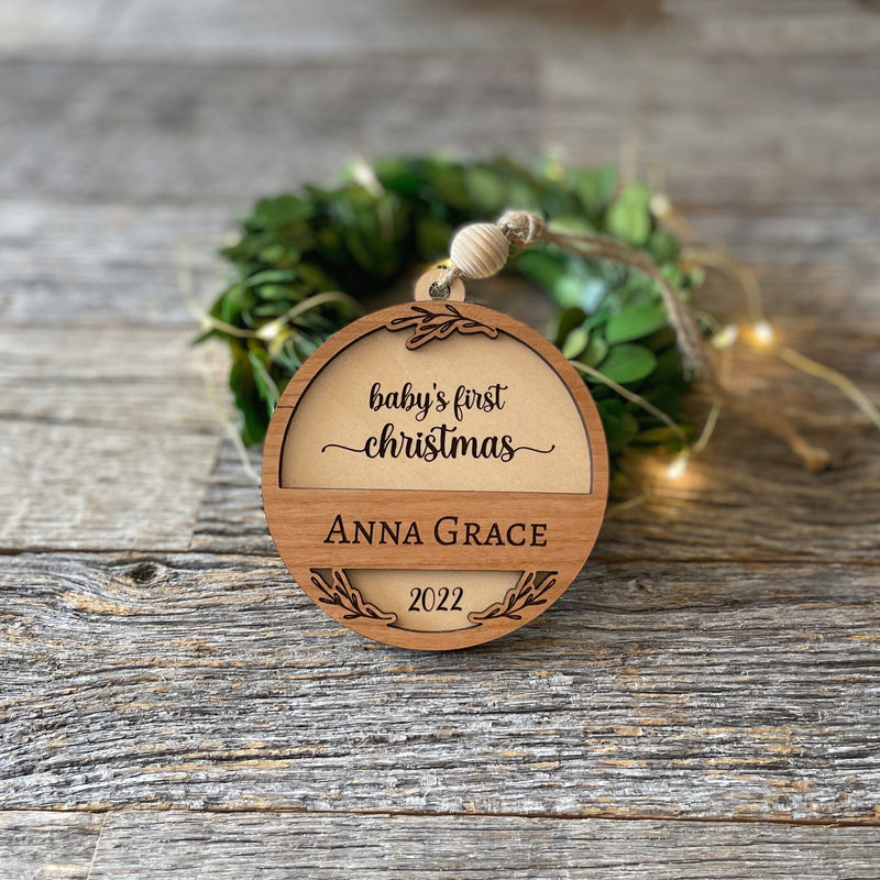 Adorable Baby's First Christmas Custom wood ornament, laser cut, personalized