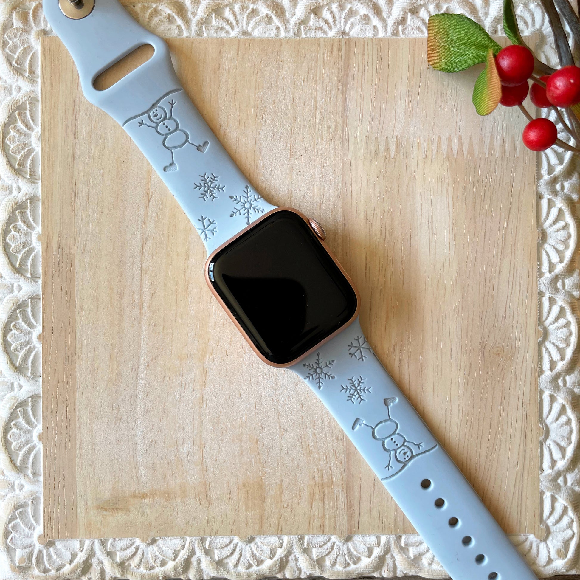 Laser engraved Dancing Snowman Apple Watch band, winter watch band