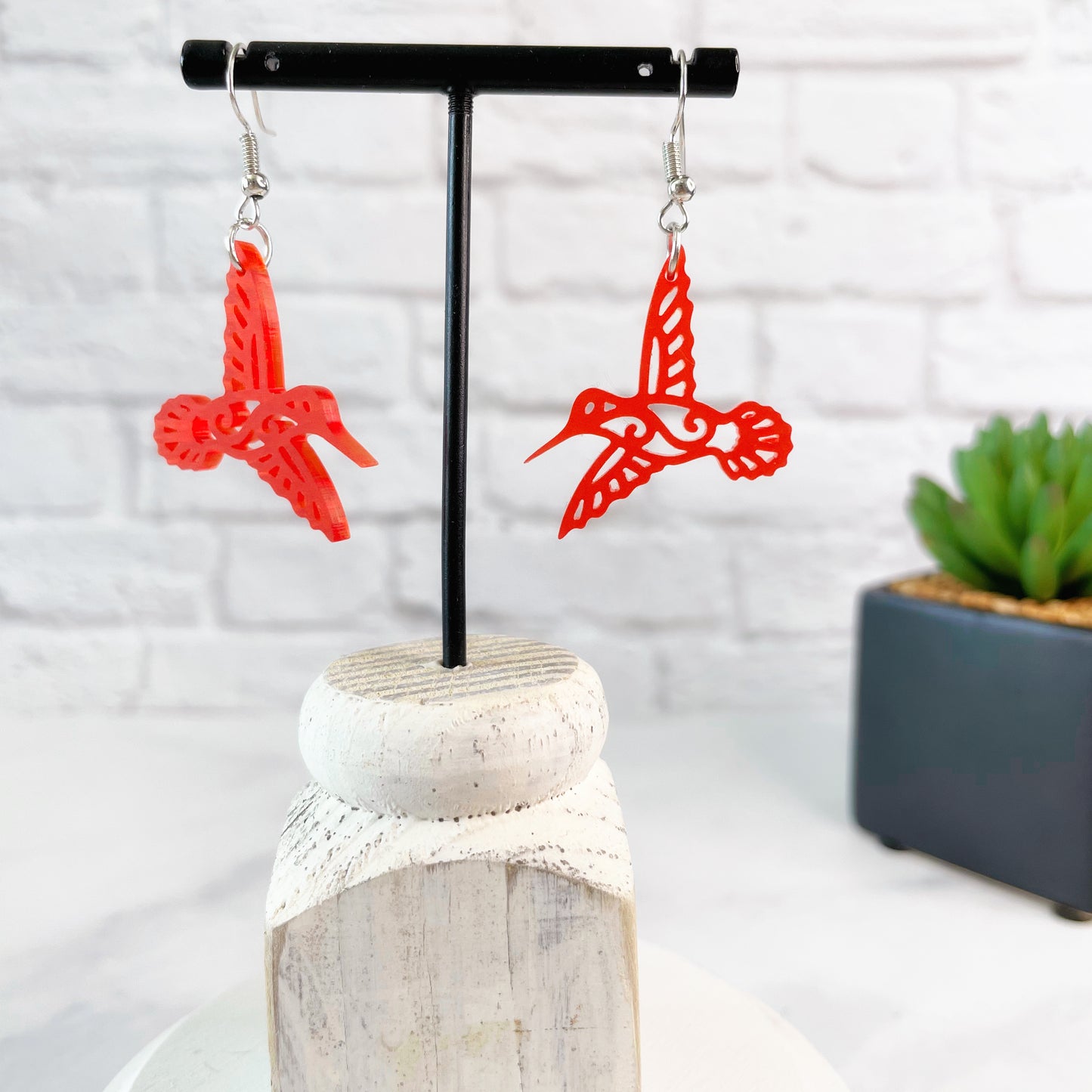 Laser cut frosted cherry acrylic Hummingbird earrings