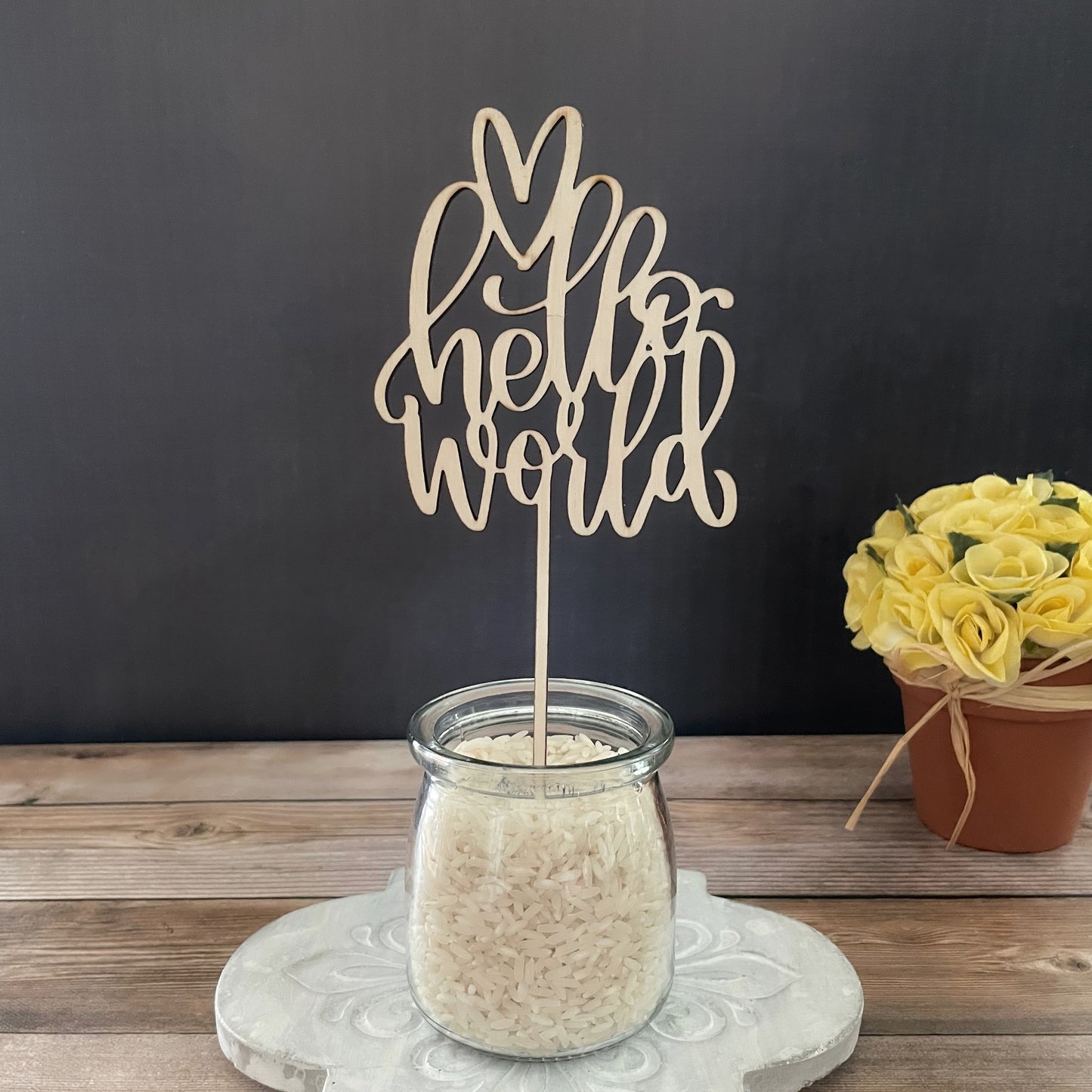 Hello World wood cake topper, welcome baby cake topper