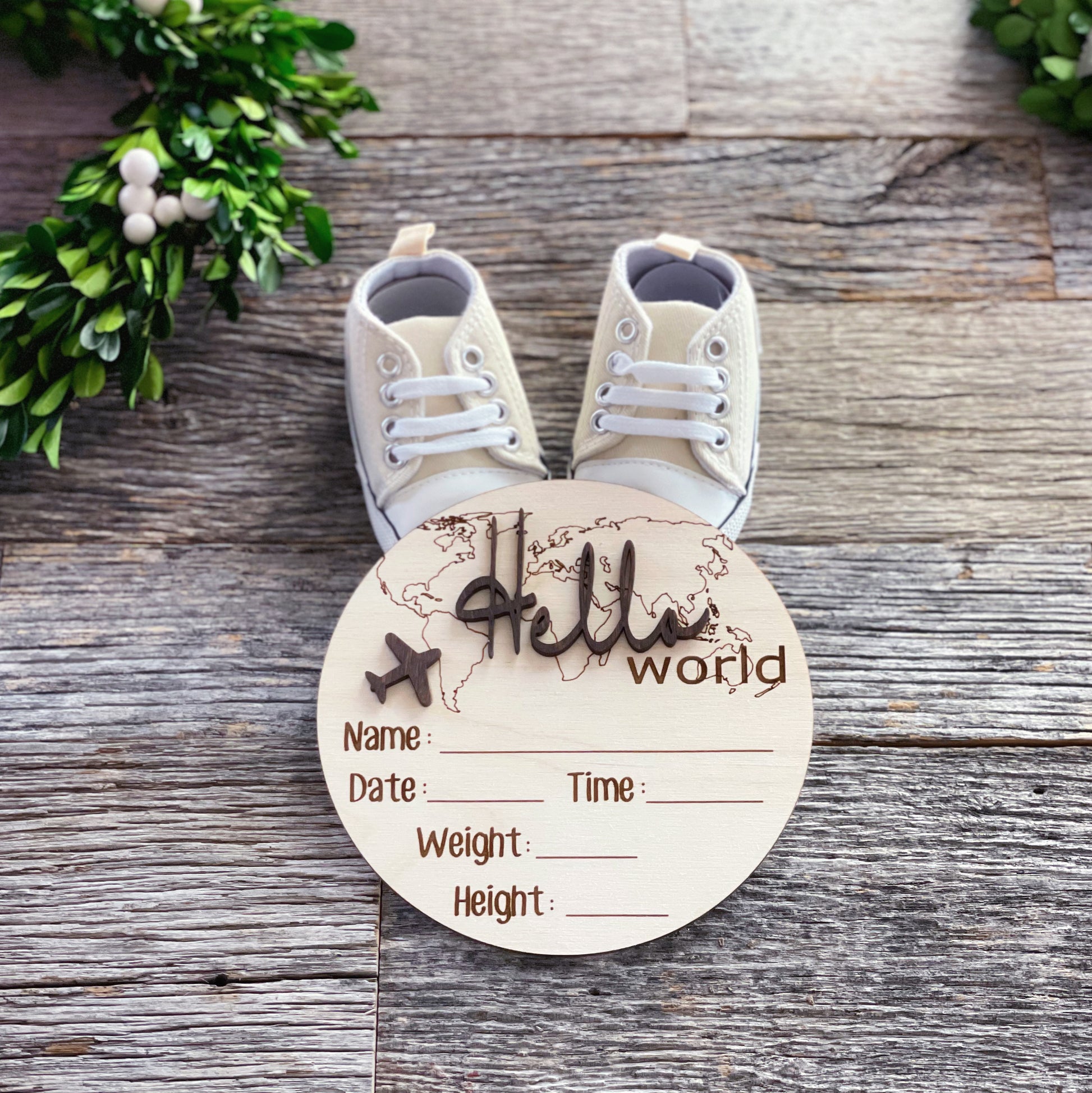 Personalized laser cut Baby Birth Announcement, World Traveler, Wood baby photo prop