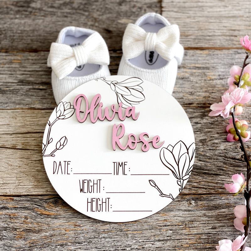 Custom laser engraved Baby Birth Announcement, Magnolia, Floral wood baby photo prop, white